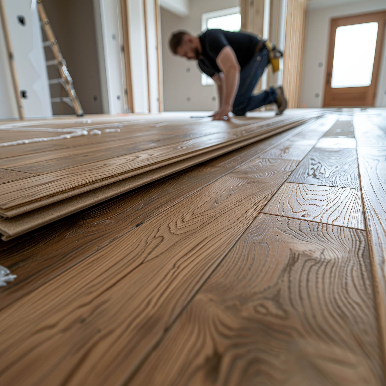 A contractor installing new hardwood floors - selective focus on